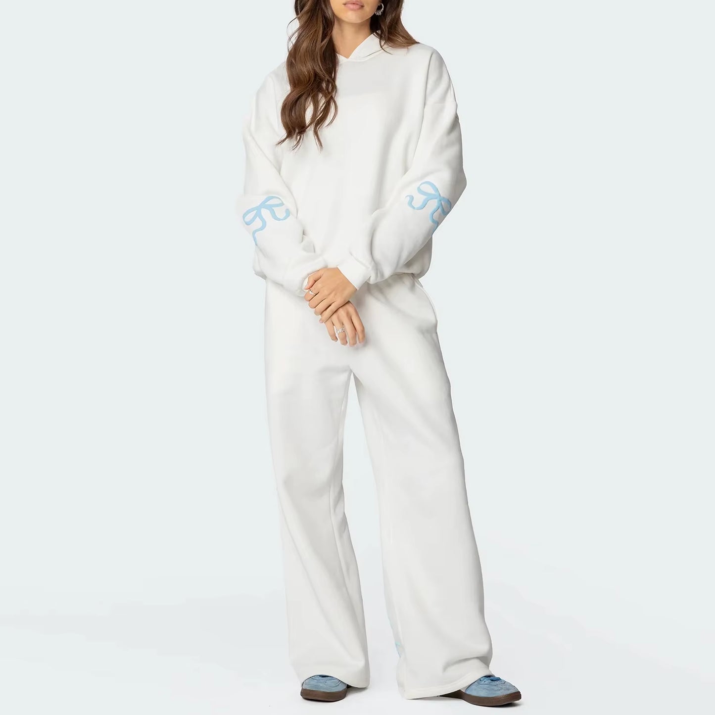Womens 2Piece Y2K Loose Outfits Set Bow Print Long Sleeve Hooded Pullover Sweatshirts + Elastic Waist Pants Tracksuit
