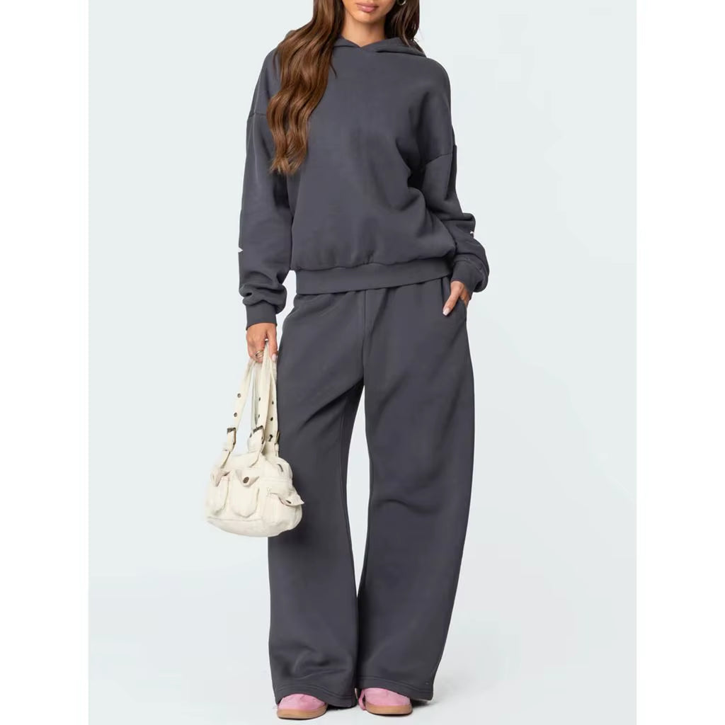 Womens 2Piece Y2K Loose Outfits Set Bow Print Long Sleeve Hooded Pullover Sweatshirts + Elastic Waist Pants Tracksuit