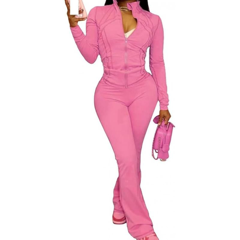 Women’S 2-Piece Lounge Set – Cozy Zip-Up Crop Jacket & Flare Pants Tracksuit | Stretchy Workout Outfit for Home, Gym & Streetwear Clothing Activewear