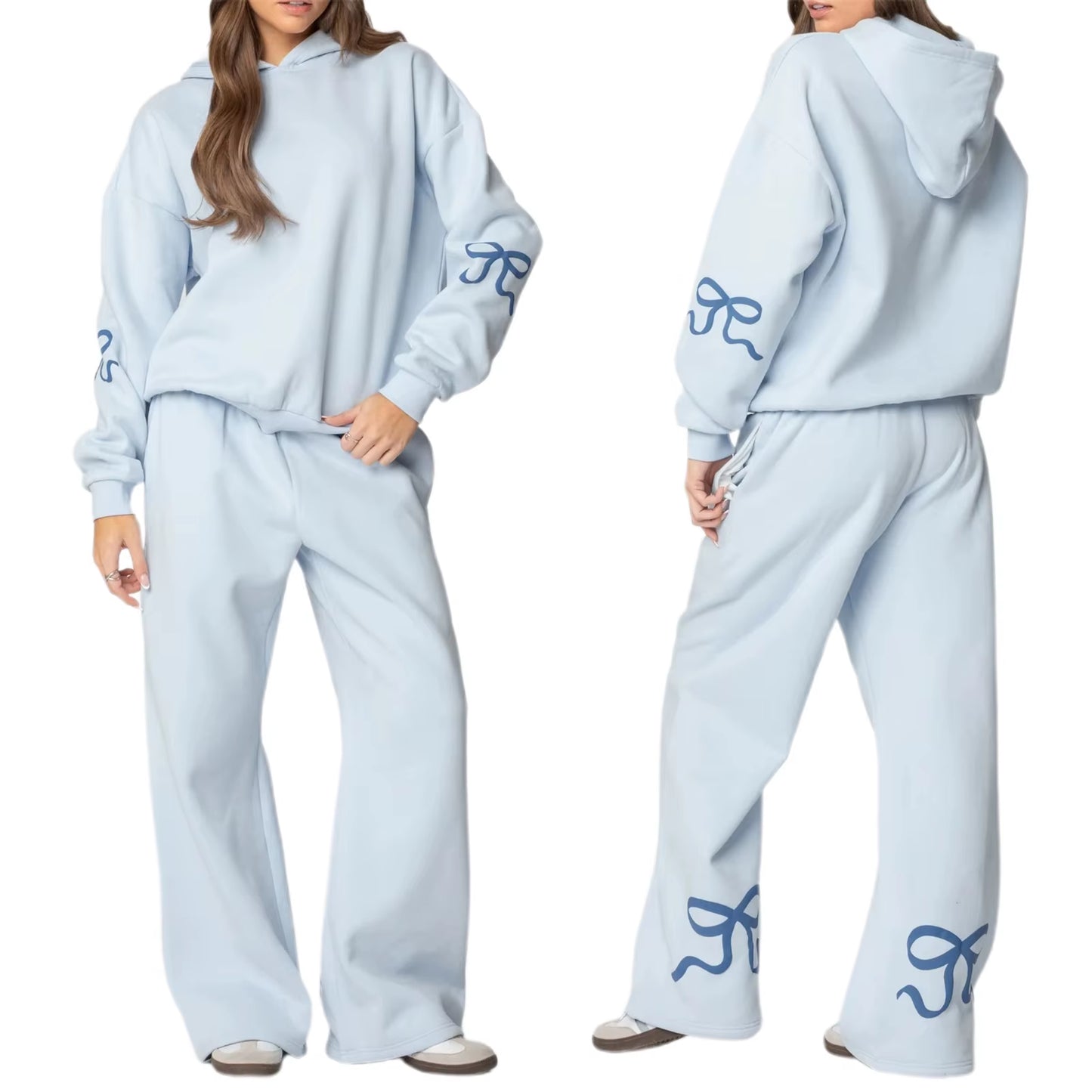 Womens 2Piece Y2K Loose Outfits Set Bow Print Long Sleeve Hooded Pullover Sweatshirts + Elastic Waist Pants Tracksuit