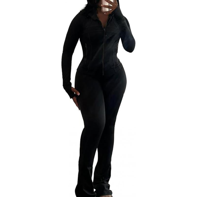 Women’S 2-Piece Lounge Set – Cozy Zip-Up Crop Jacket & Flare Pants Tracksuit | Stretchy Workout Outfit for Home, Gym & Streetwear Clothing Activewear