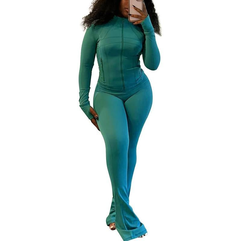 Women’S 2-Piece Lounge Set – Cozy Zip-Up Crop Jacket & Flare Pants Tracksuit | Stretchy Workout Outfit for Home, Gym & Streetwear Clothing Activewear