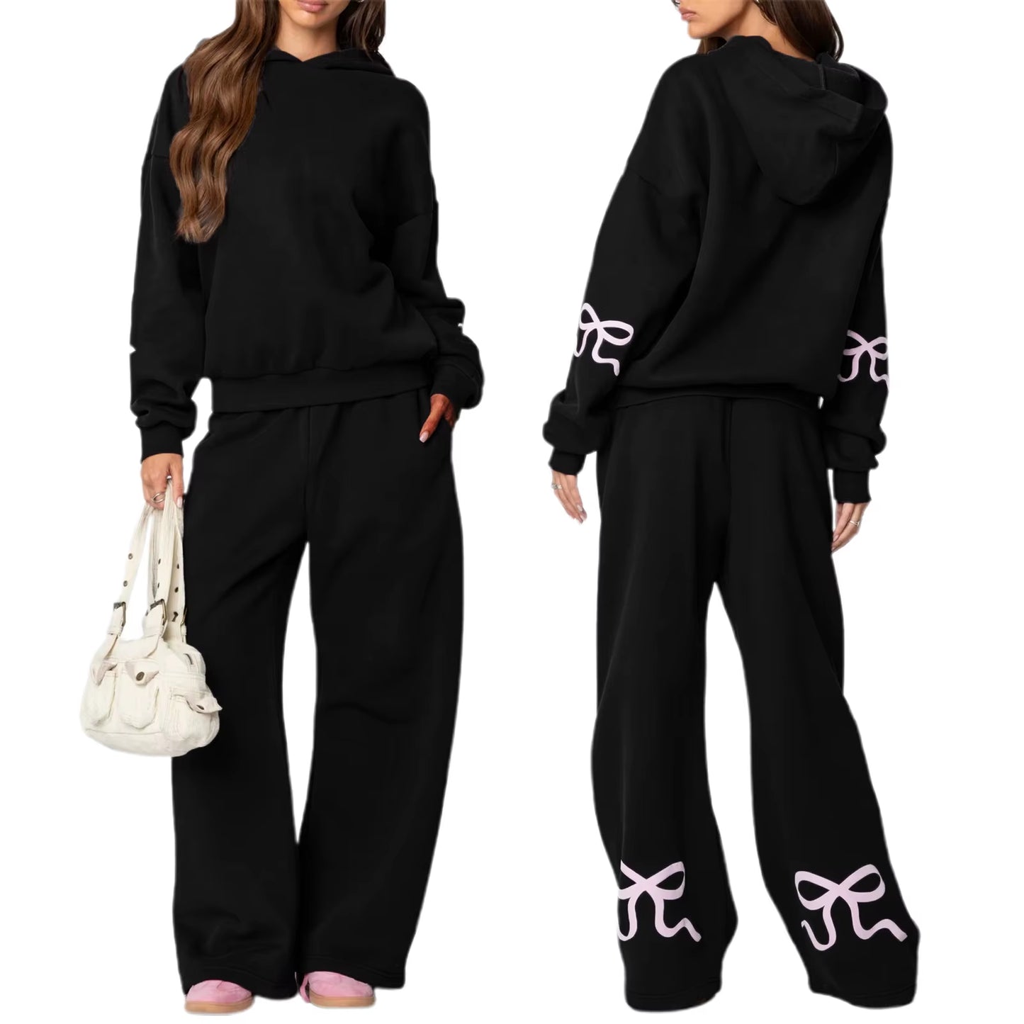 Womens 2Piece Y2K Loose Outfits Set Bow Print Long Sleeve Hooded Pullover Sweatshirts + Elastic Waist Pants Tracksuit