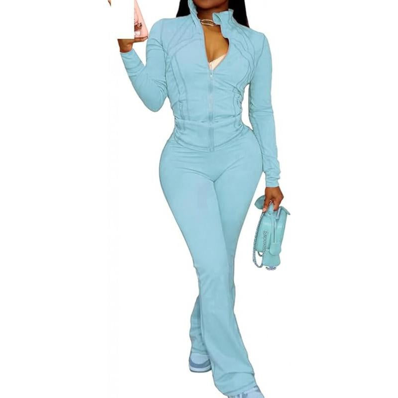 Women’S 2-Piece Lounge Set – Cozy Zip-Up Crop Jacket & Flare Pants Tracksuit | Stretchy Workout Outfit for Home, Gym & Streetwear Clothing Activewear