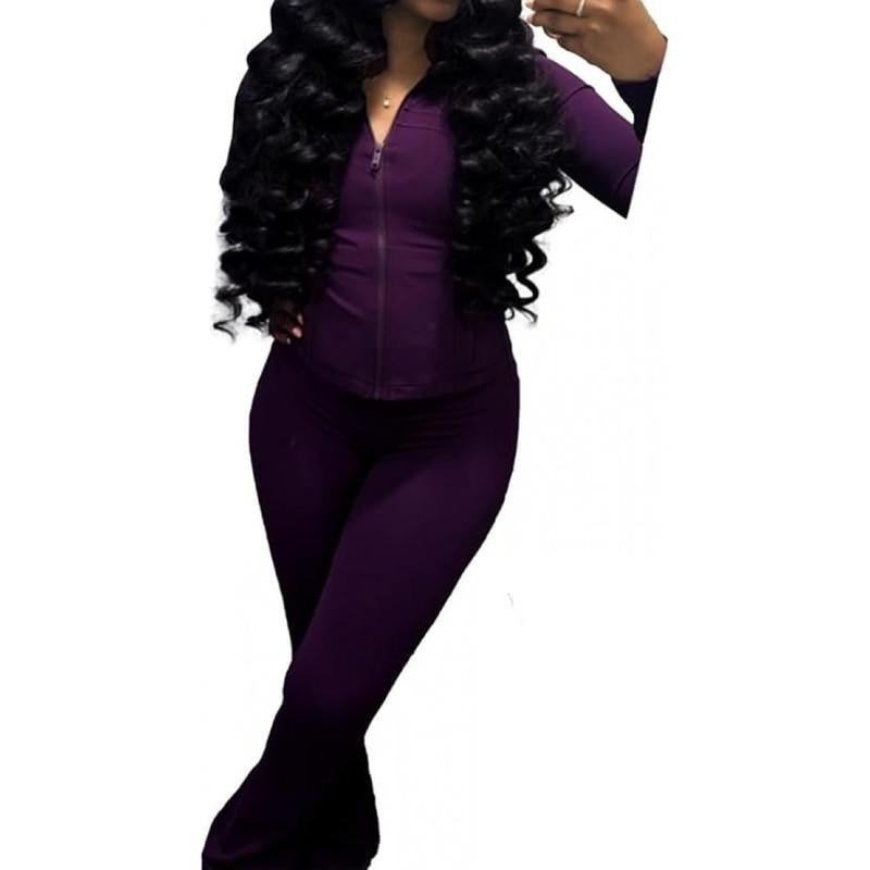 Women’S 2-Piece Lounge Set – Cozy Zip-Up Crop Jacket & Flare Pants Tracksuit | Stretchy Workout Outfit for Home, Gym & Streetwear Clothing Activewear