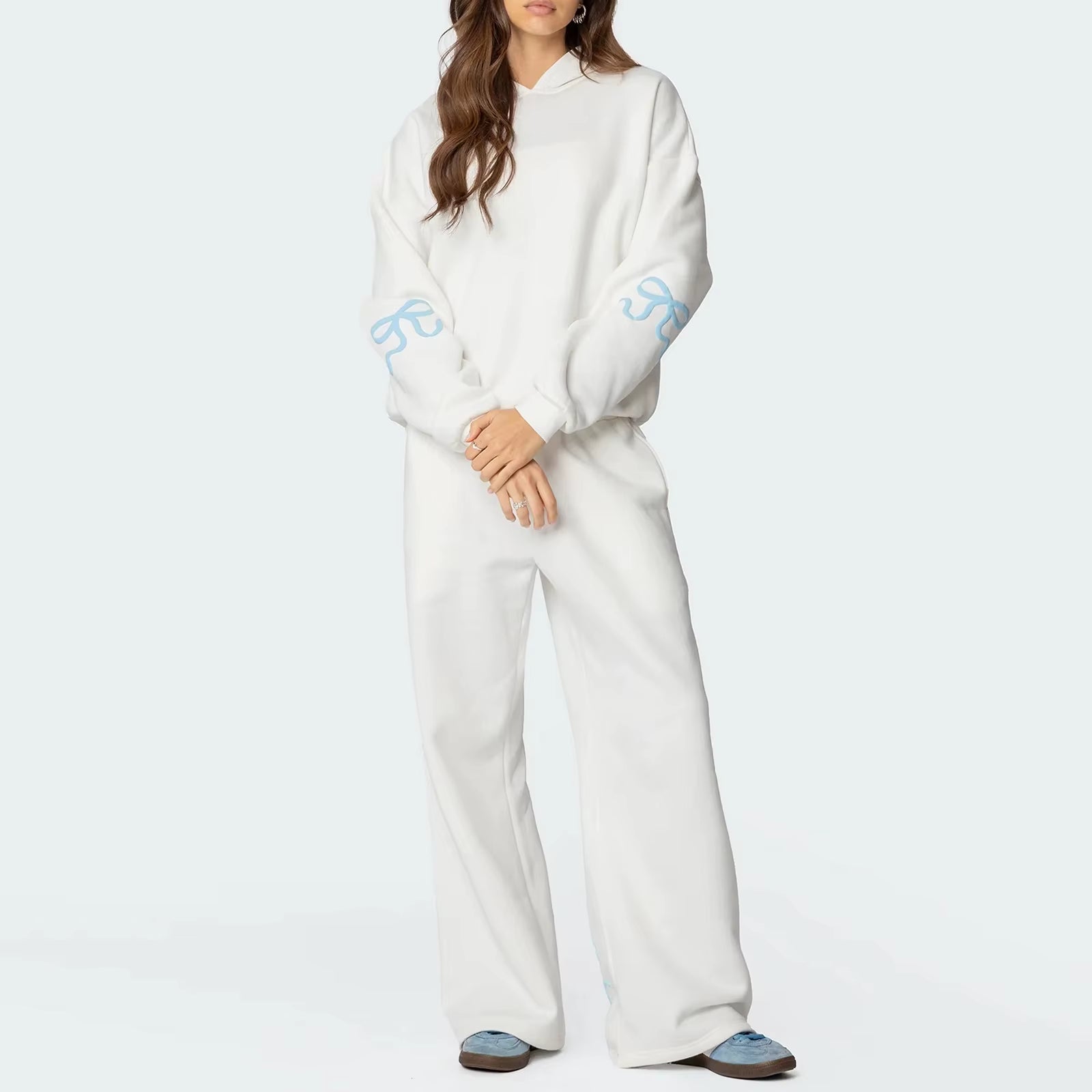 Womens 2Piece Y2K Loose Outfits Set Bow Print Long Sleeve Hooded Pullover Sweatshirts + Elastic Waist Pants Tracksuit