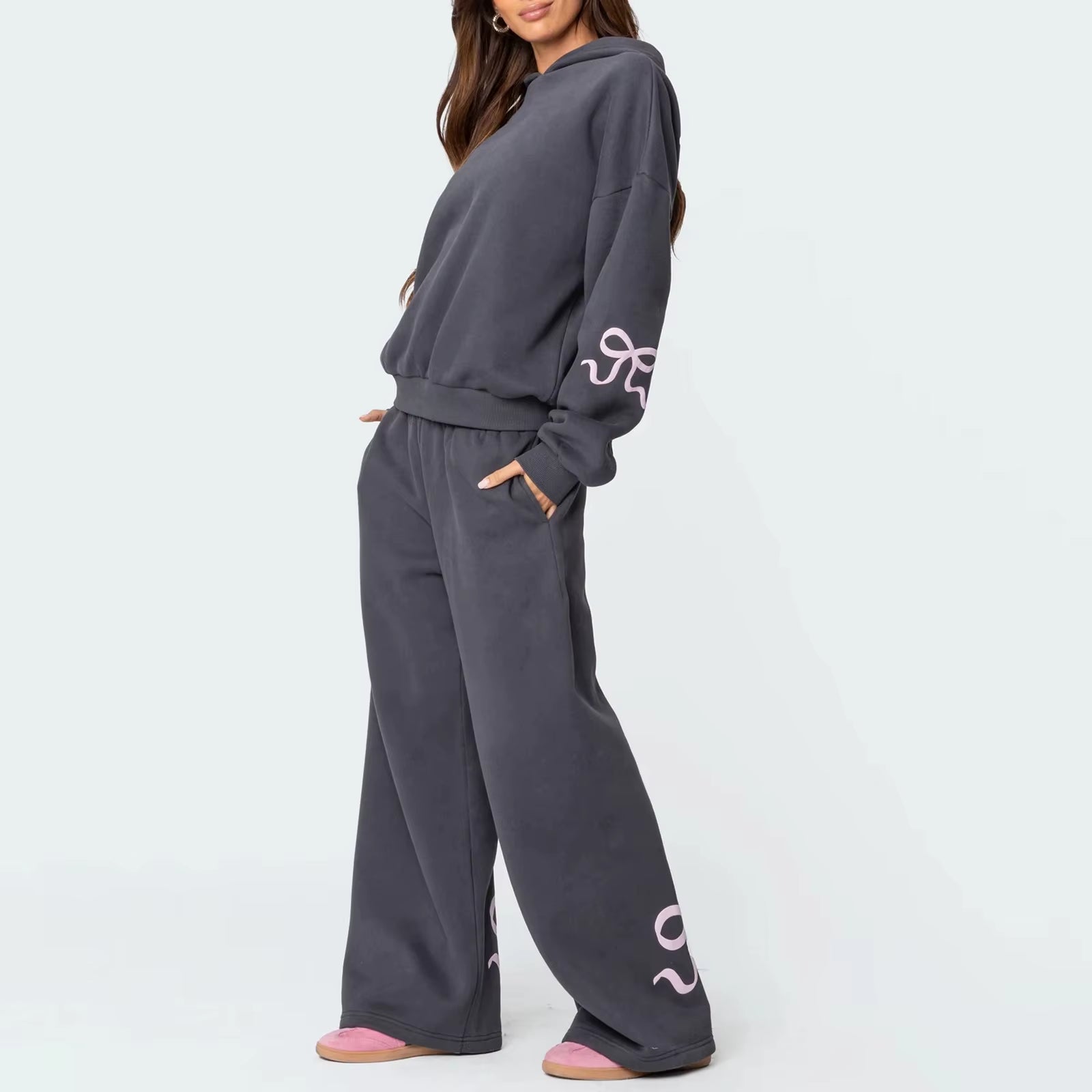 Womens 2Piece Y2K Loose Outfits Set Bow Print Long Sleeve Hooded Pullover Sweatshirts + Elastic Waist Pants Tracksuit