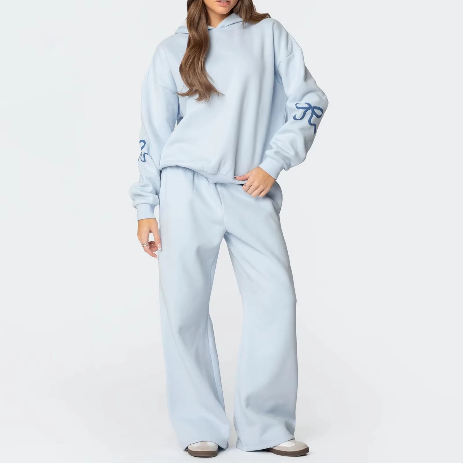 Womens 2Piece Y2K Loose Outfits Set Bow Print Long Sleeve Hooded Pullover Sweatshirts + Elastic Waist Pants Tracksuit