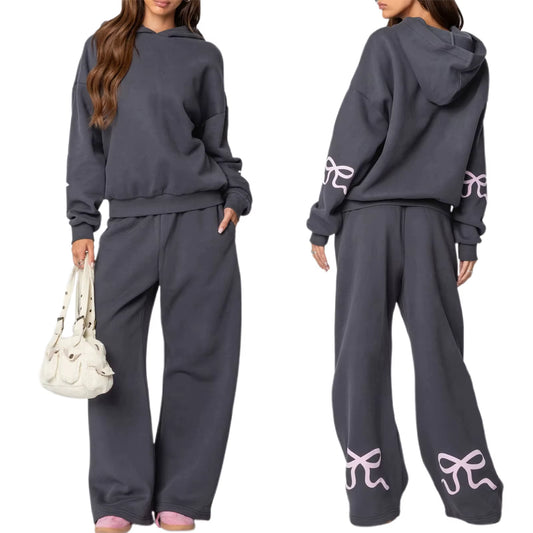 Womens 2Piece Y2K Loose Outfits Set Bow Print Long Sleeve Hooded Pullover Sweatshirts + Elastic Waist Pants Tracksuit