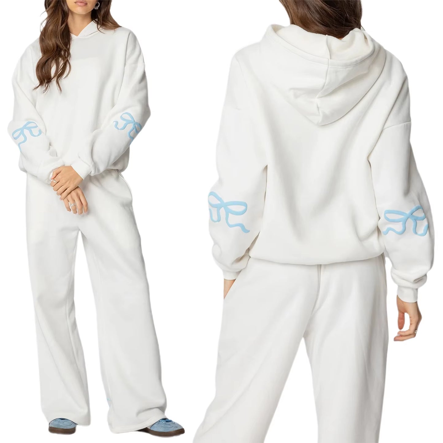 Womens 2Piece Y2K Loose Outfits Set Bow Print Long Sleeve Hooded Pullover Sweatshirts + Elastic Waist Pants Tracksuit