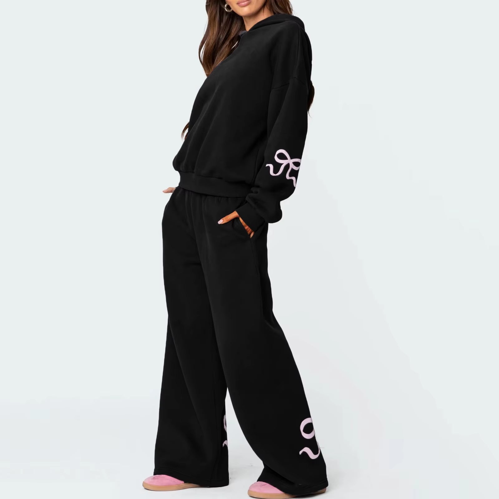 Womens 2Piece Y2K Loose Outfits Set Bow Print Long Sleeve Hooded Pullover Sweatshirts + Elastic Waist Pants Tracksuit