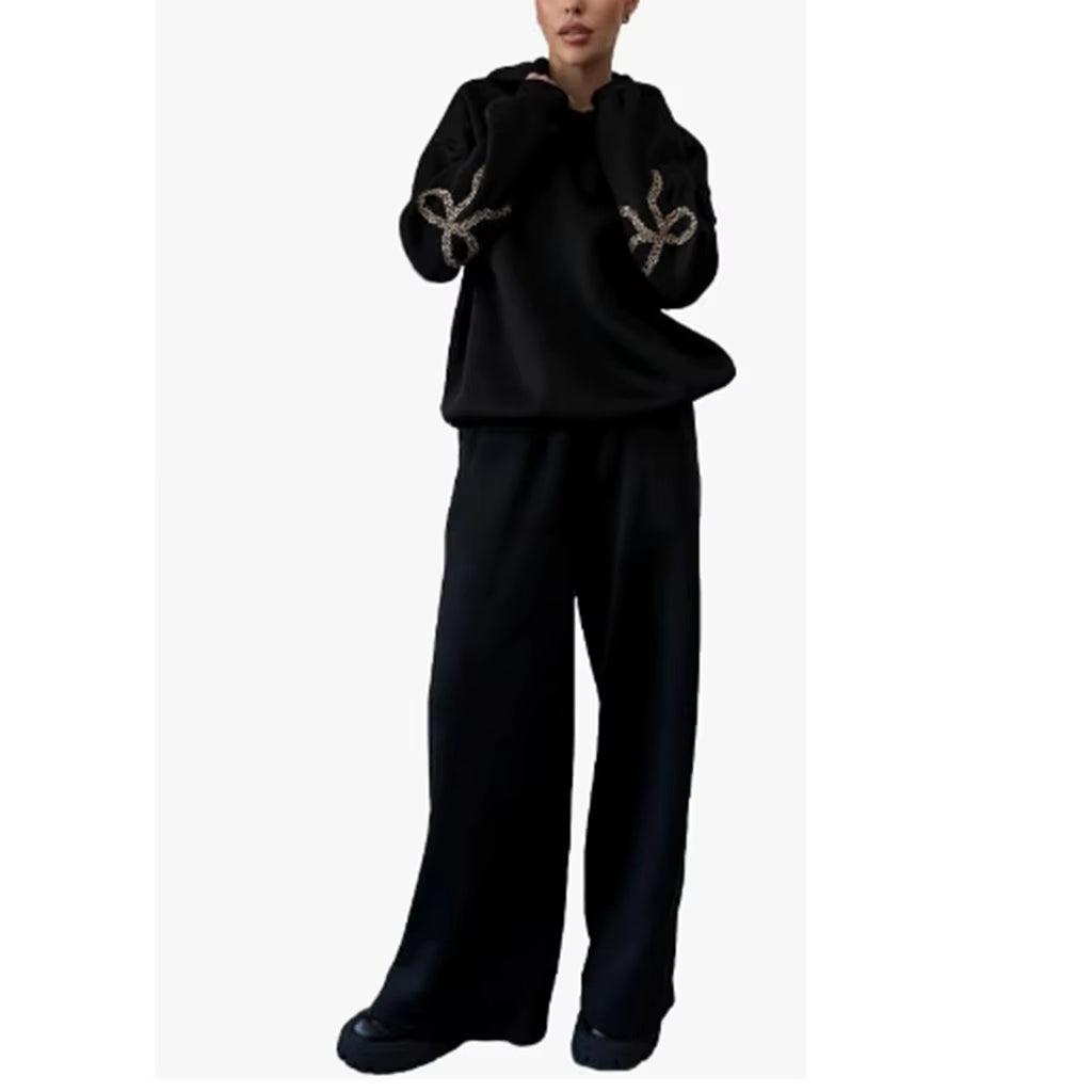 Womens 2Piece Y2K Loose Outfits Set Bow Print Long Sleeve Hooded Pullover Sweatshirts + Elastic Waist Pants Tracksuit